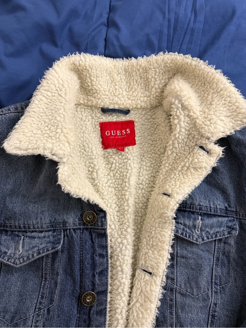 GUESS Blue Denim Jacket with Cream Sherpa Collar